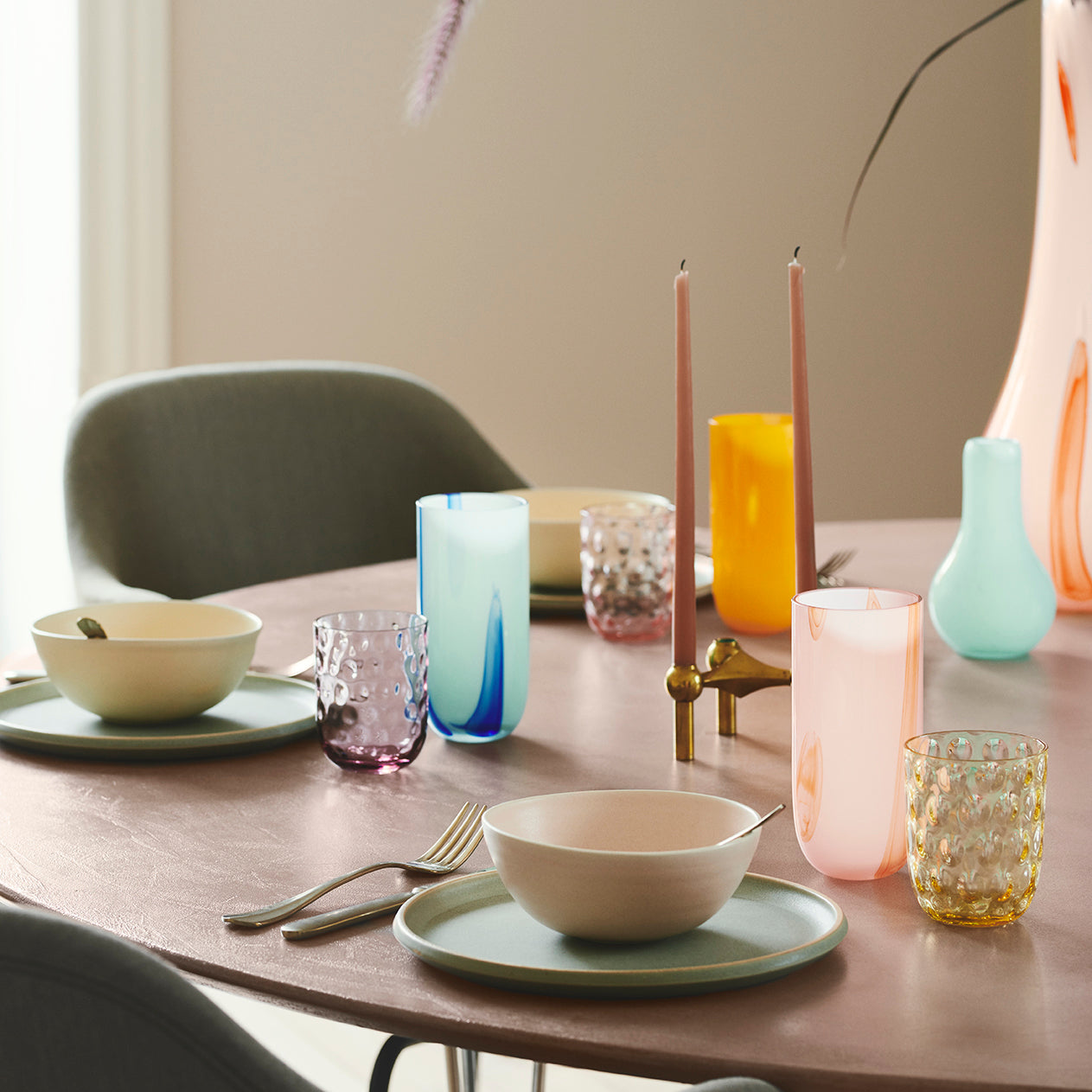 Kodanska Flow Højt Glas Water Glass Pink W. Pink Stripes